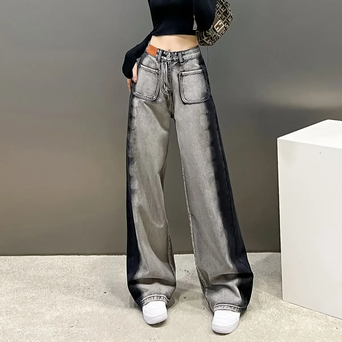 

Women Clothing 2023 New Fashionable Gray and Black Design Sense High Waist Straight Wide Leg Jeans Slimming Casual Simple Pants