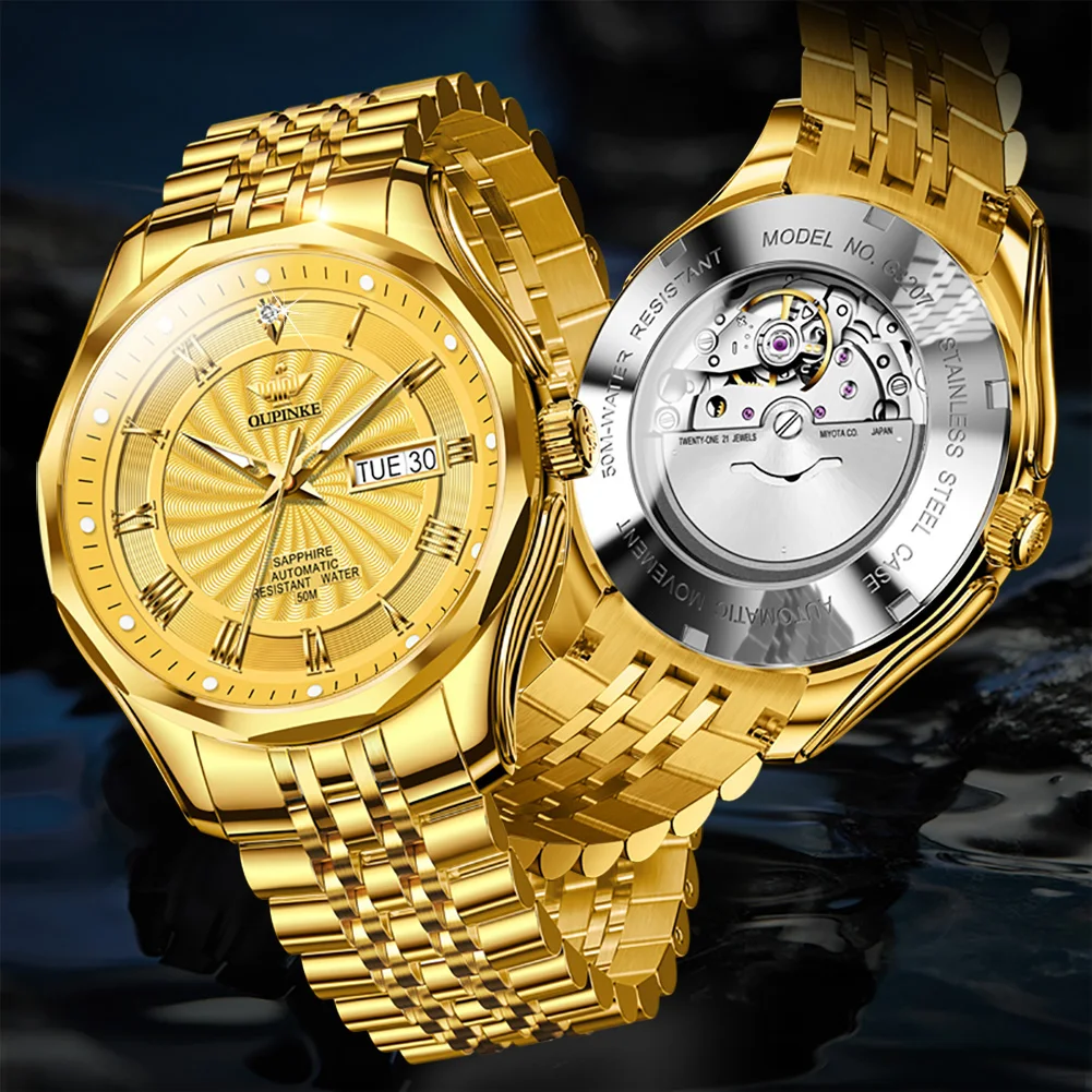 OUPINKE Real Diamond Automatic Mechanical Watch for Men Swiss Top Brand Luxury Sapphire Crystal Mirror Waterproof Gold Watches