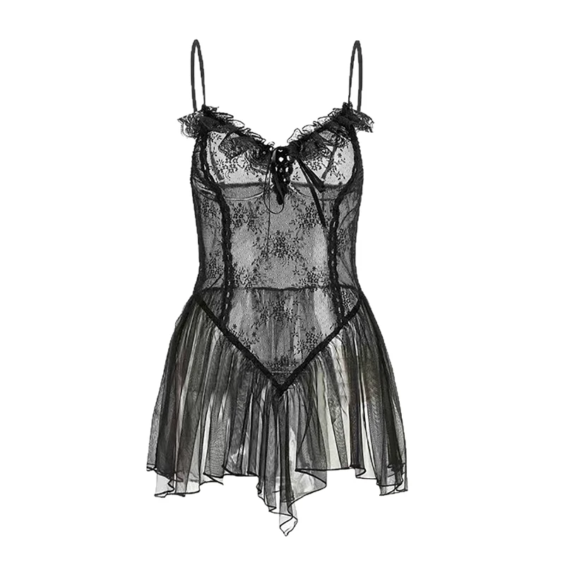 

Women Sexy Lingerie Camisole Mesh V-neck Lace Sling Nightgown Set Loungewear