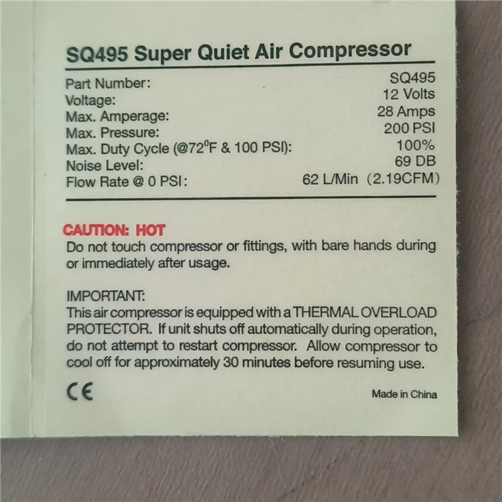 69DB 200PSI 300PSI OUTLET 3/8 1/4 CARTEEAIR Suspension Pump 12 Volts Feel Air F484 SQ495 Super Quiet Air Compressor Viair 485C view 3