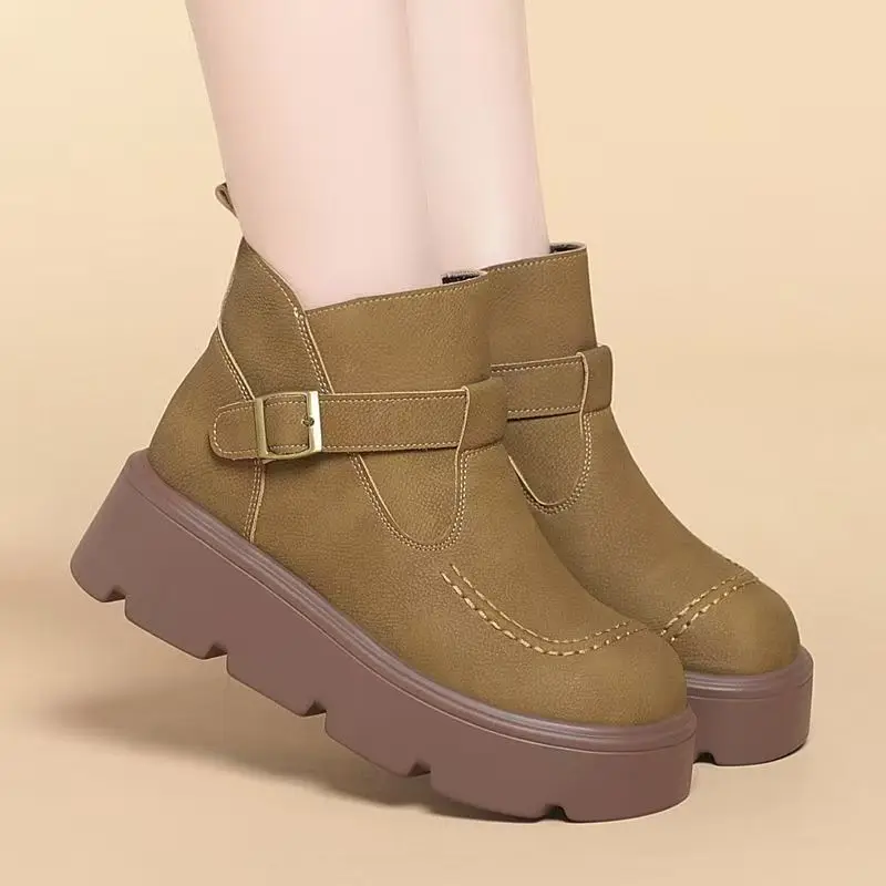 

Новые зимние женские кожаные хлопковые ботинки на толстой подошве, нескользящие водонепроницаемые ботильоны с круглым носком, сохраняющие тепло, легкие ботильоны в британском стиле