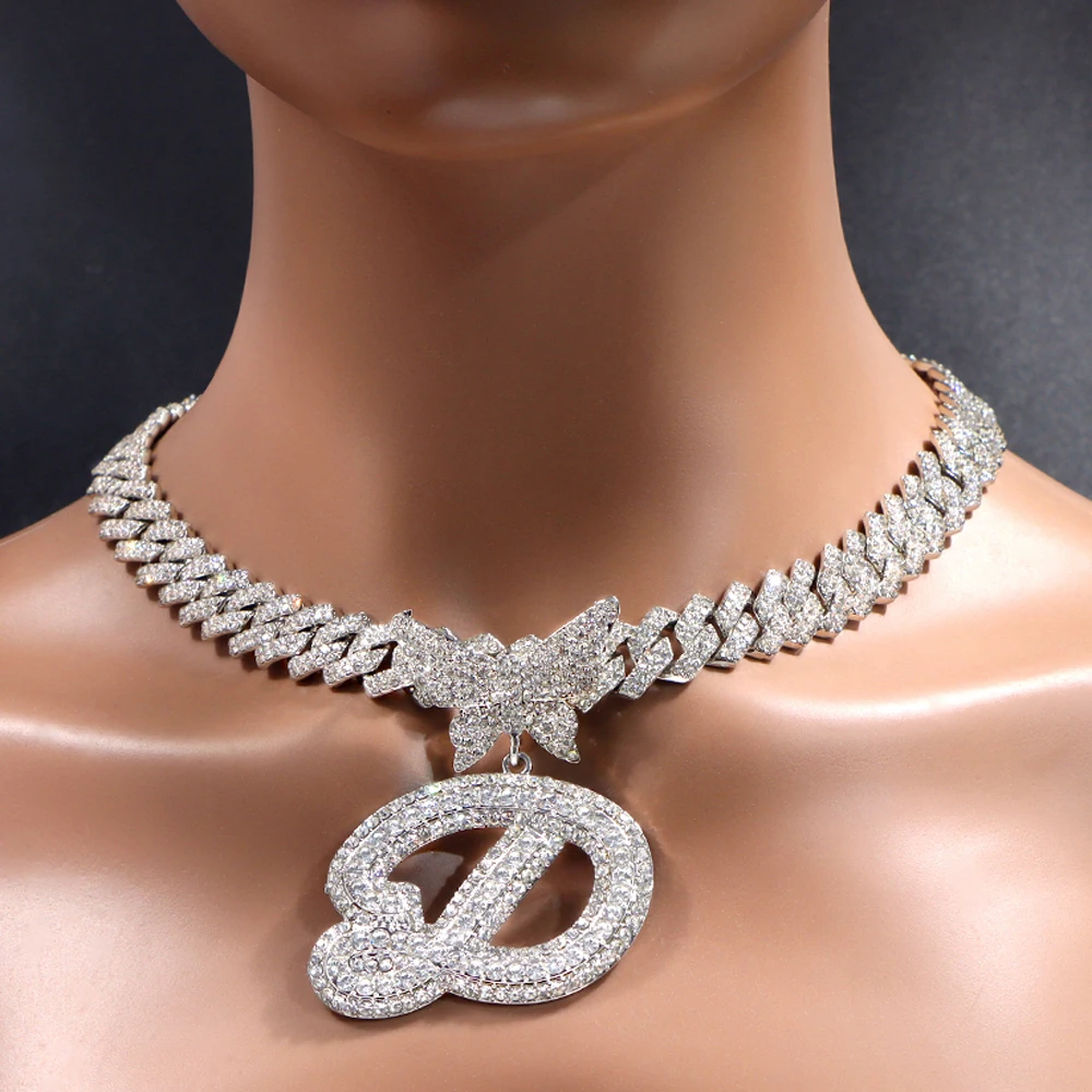 2023 Silver Color Prong Miami Cuban Chain Necklace Punk Crystal Butterfly Cursive Letter Cuban Necklace Hip Hop Jewelry Gifts