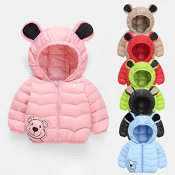 New Autumn Winter Baby Boys Girls Cartoon Bear Print Hooded Cotton Down Jackets Coats Kids Outerwear Clothing for 1-6 Years