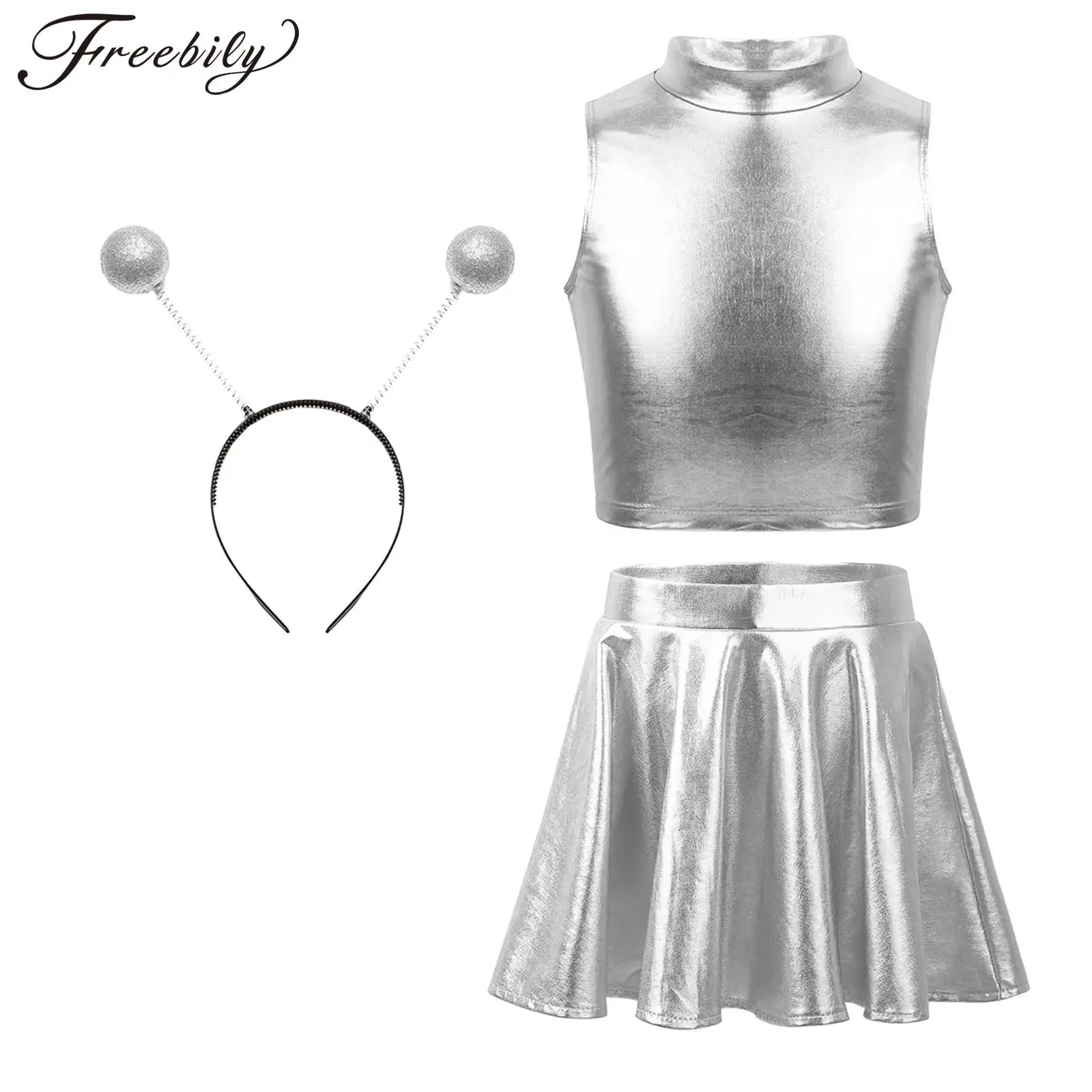 

Girls Alien Cosplay Costume Tank Tops Pleated Mini Skirt+ Hair Hoop Set Halloween Outer Space Astronaut Role Play Outfits