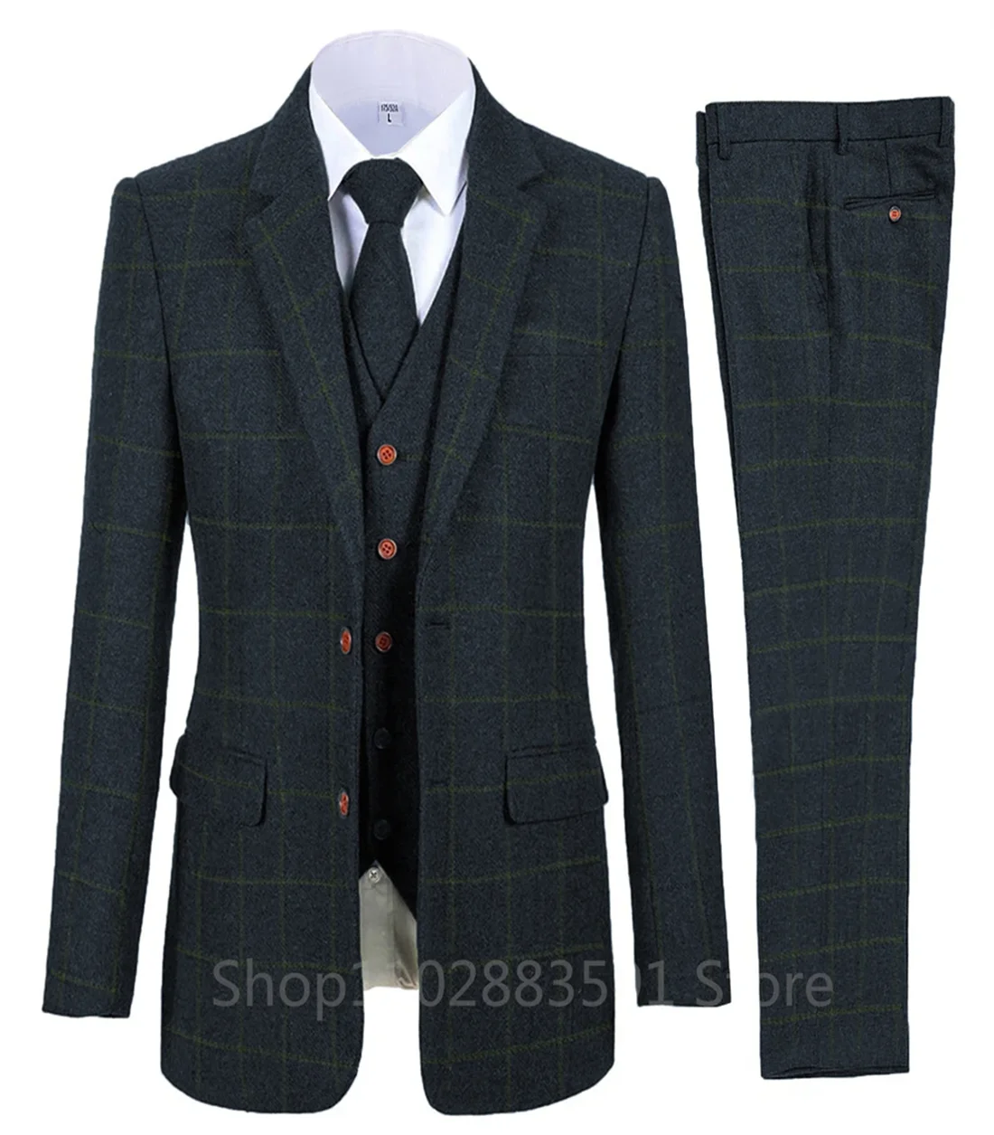 3 Piece Men\'s Suits Bussiness Formal Notch Lapel Groomsmen Woolen Plaid Tuxedos for Party Activities Wedding (Blazer+Vest+Pant)