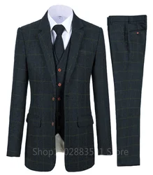 3 Piece Men's Suits Bussiness Formal Notch Lapel Groomsmen Woolen Plaid Tuxedos for Party Activities Wedding (Blazer+Vest+Pant)