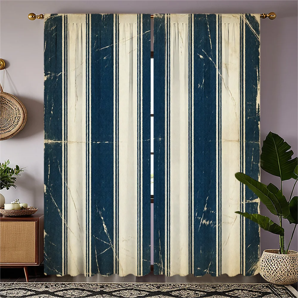 Navy Blue Striped Curtains Living Room Curtains Pair Boho Coastal Panel Window Drapery Distressed Casual Farmhouse Accent Decor