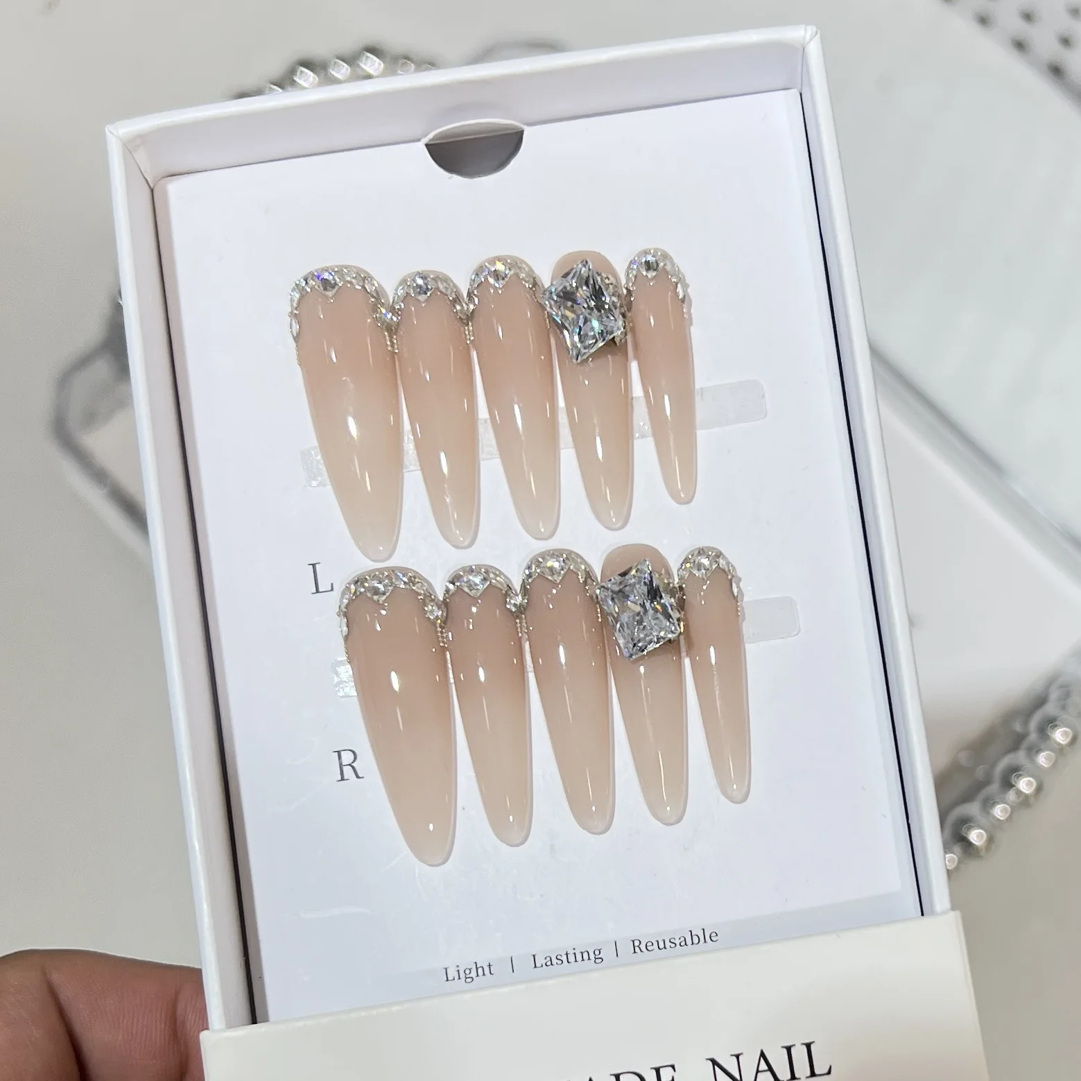 10pcs Handmade Long Stiletto Press On Nails Nude Color Rhinestone Design Sweet Fake Nails Wearable Nails Art Tips For Girls
