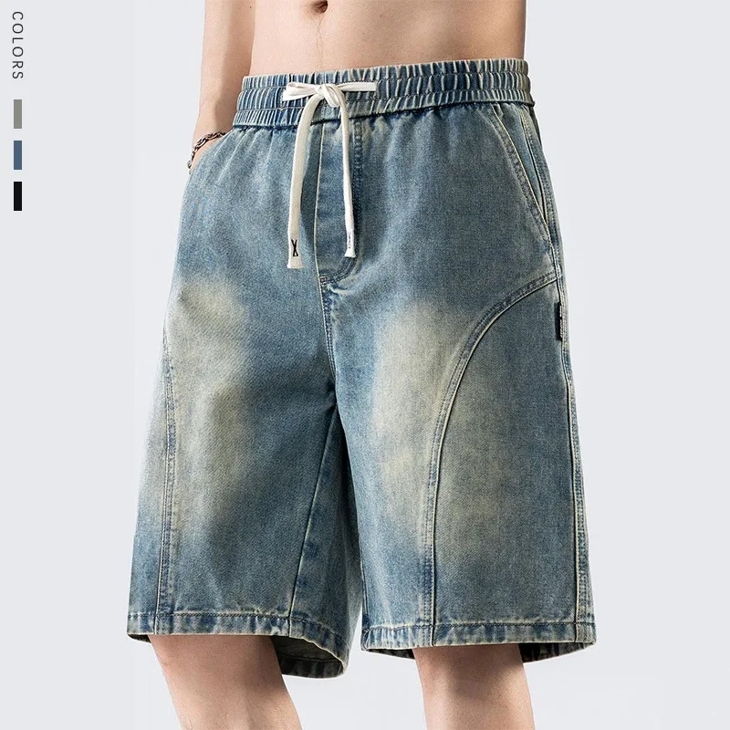 

Retro Denim Shorts Men's Summer New Baggy Wide-leg Washed Short Jeans Street Fashion Korean Daily Casual Loose Knee-length Pants