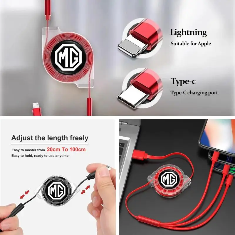 MG Logo Retractable 3-in-1 Car Charging Cable For MG ZS EV HS GT One, Multi Type-C Lightning Micro USB Fast Charger Auto Interio