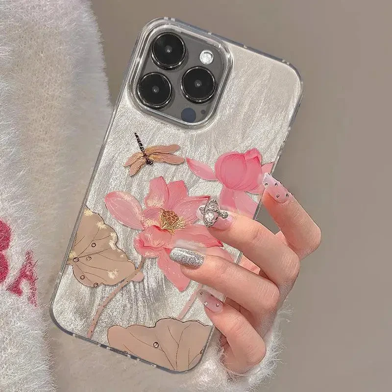 حافظة هاتف لوتس وردية بسيطة لهاتف آيفون 16 حافظة آيفون 11 12 13 14 15 برو ماكس XS X XR 7 8 Plus 16e غطاء ممتص للصدمات