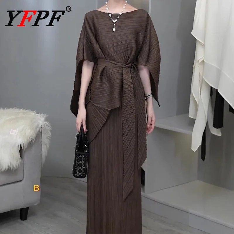 

YFPF Luxury Pleated Design 2 Piece Set Women Fashion Irregular Shawl Tops Long Dress Belt Gathered Waist Elegant Clothing