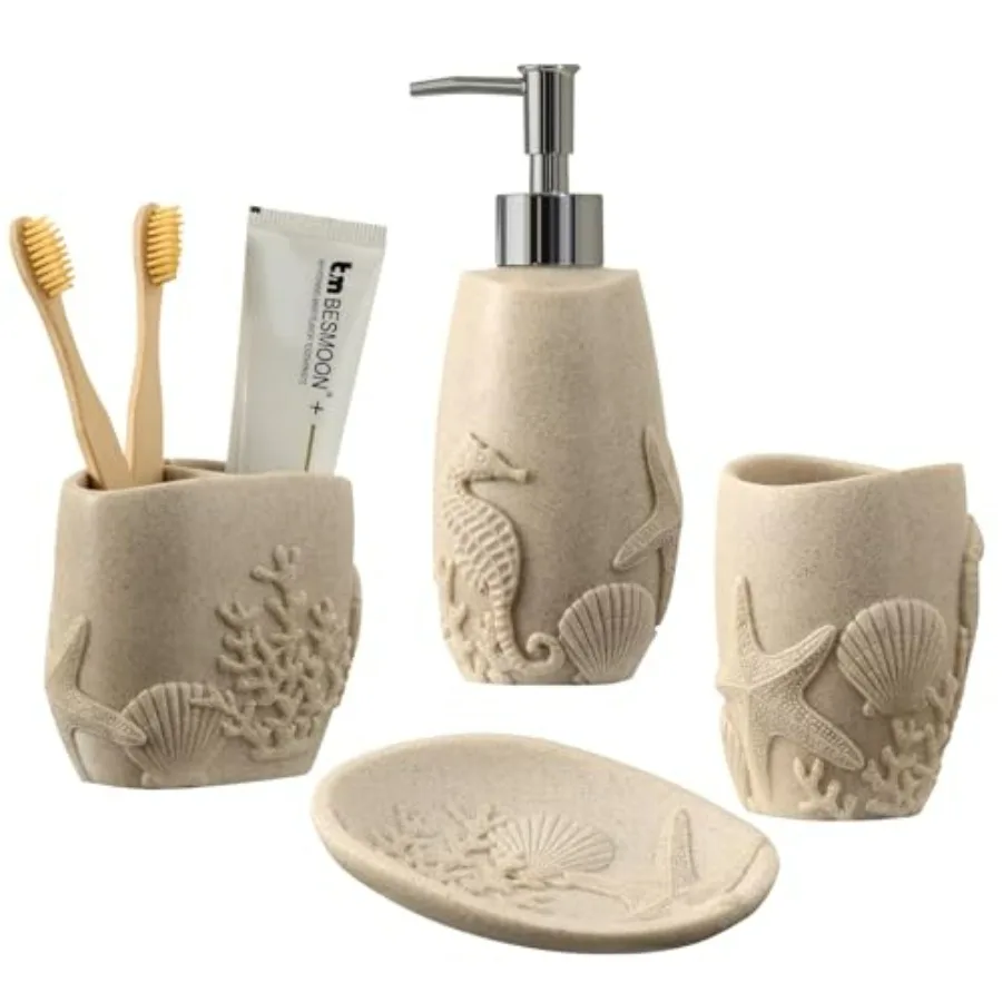 

Bathroom Accessories Set 4 PCS with Soap Dispenser Toothbrush Holder Tumbler Soap Dish Bathroom Countertop Organizer Sea Decor