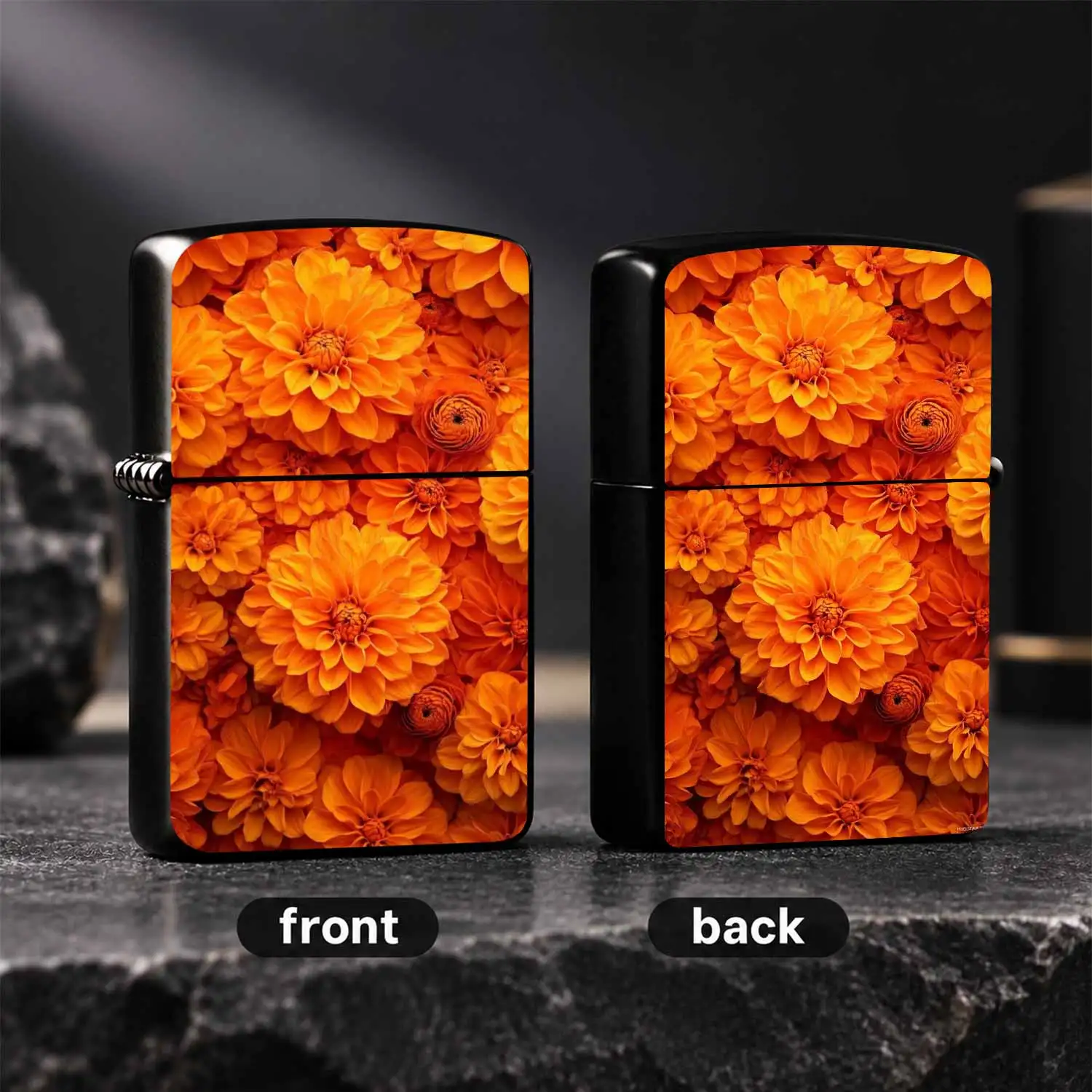 Vibrant Orange Dahlia Pattern Lighter Stylish Full Printed Floral Portable Igniter Elegant Bright Orange Flower Decor Lightweight Pocket Igniter Ideal For Daily Use Gifting Any Occasion Delicate Eye-Catching Practical A A Humorous And Inter
