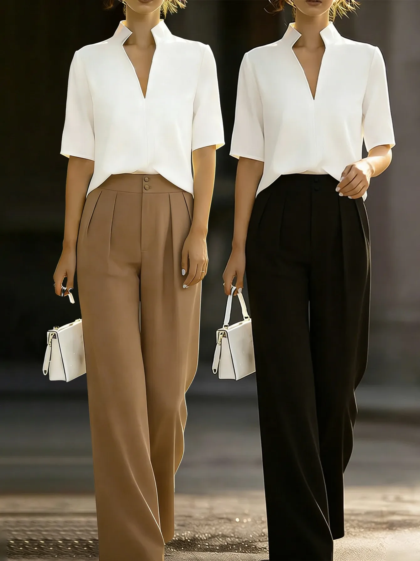 

Women Baggy Pants High Waist Full Length Trousers Solid Color Black Wide Leg Pants Straight Cut Elastic Waistband Beige Pants