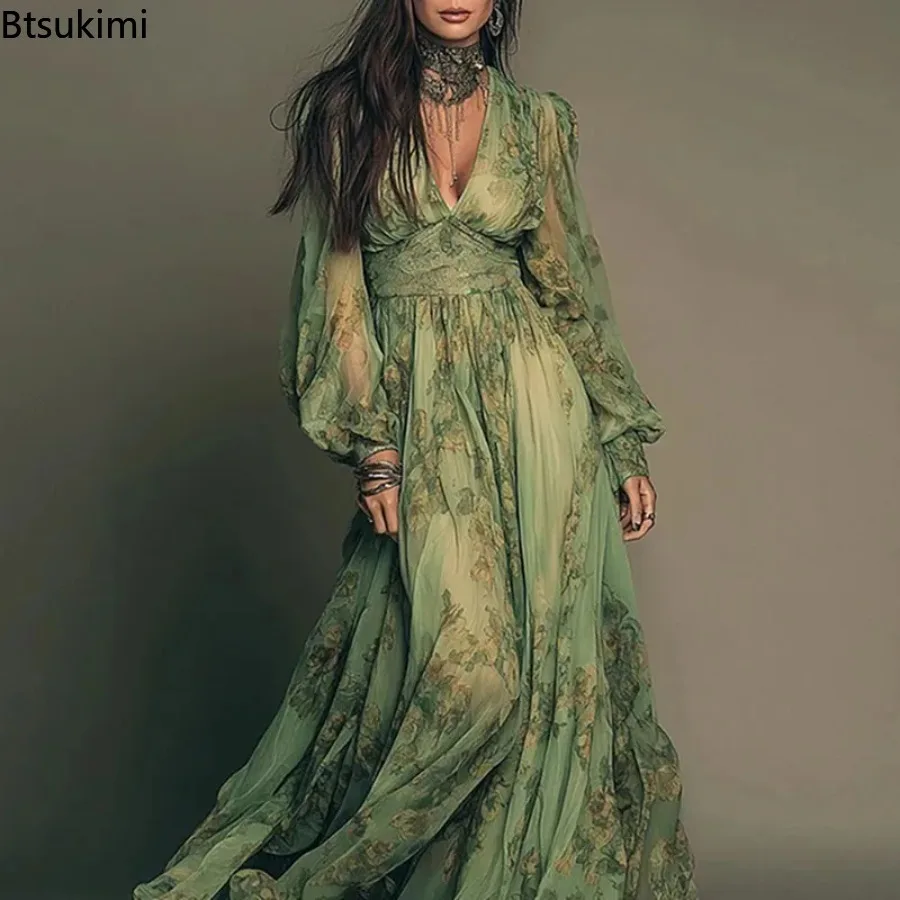 Elegante Maxikleider mit Blumenmuster für Damen, Frühling und Sommer, sexy Kleid mit tiefem V-Ausschnitt und hoher Taille, Bohemian-Strandkleid für den Urlaub, langes Kleid