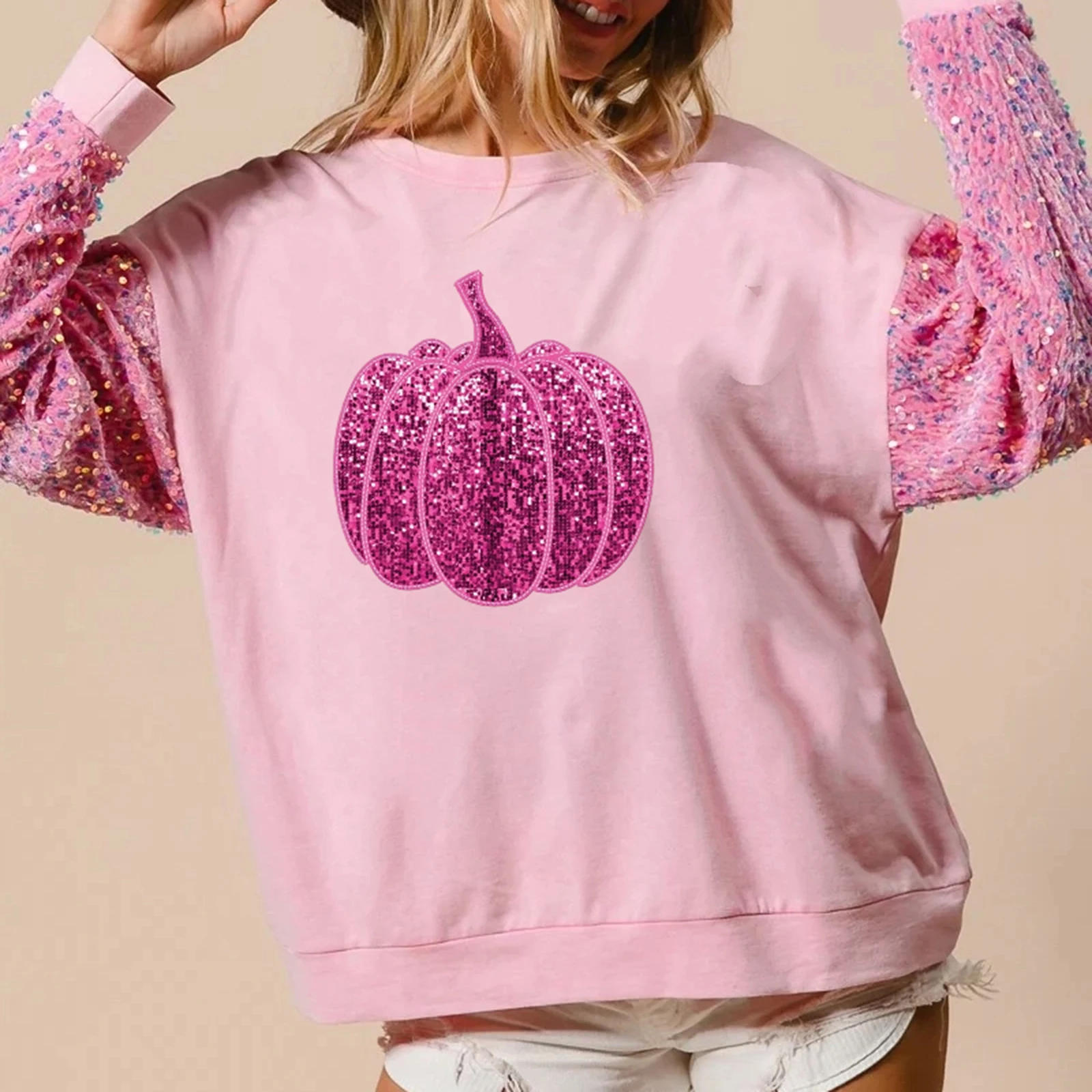 Moletom feminino de lantejoulas de Halloween solto manga comprida gola redonda pulôver de abóbora