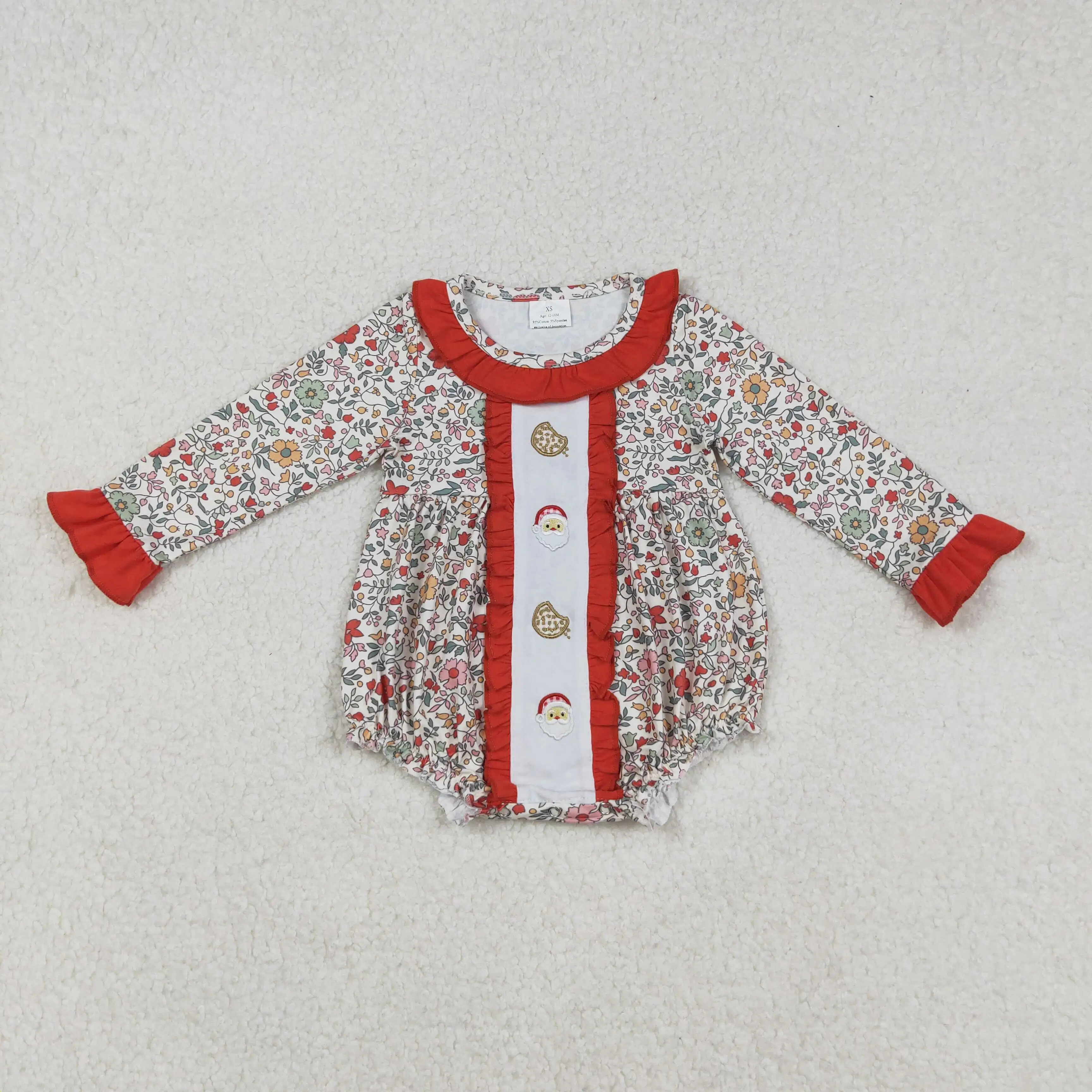 

9.5y Baby Girls Red Lace Long Sleeve Romper Embroidered Cookie Santa Claus Bodysuit Wholesale Boutique