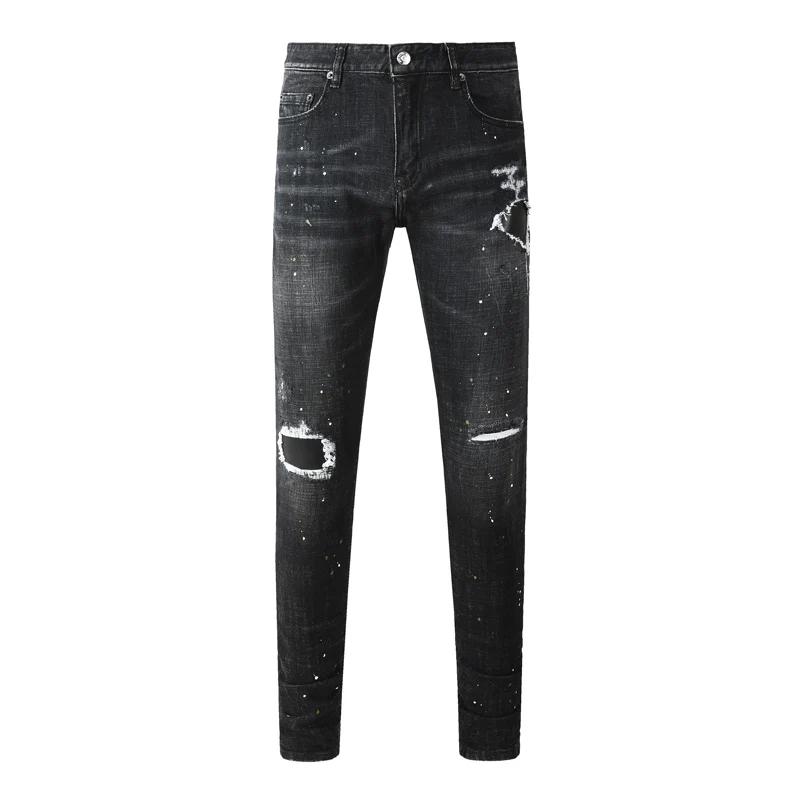High Street Fashion New Jeans Painted Scratched Water Washed Nostalgic Elastic Slim Black Jeans Designer Hip Hop Brand Pants Hom