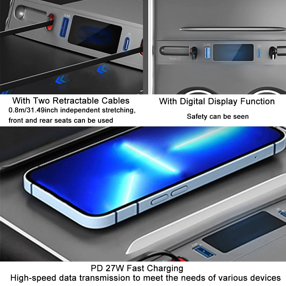 Car Console Hub LCD Fast Charger for Tesla Model 3/Y 2021-2023 USB-C PD Multi Port Center Console Hub with Docking Station