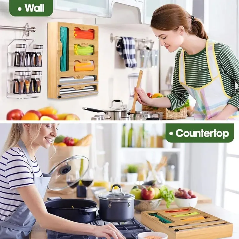 5IN1 المطبخ تخزين الرف البلاستيك التفاف موزع مع القاطع الخيزران زيبلوك مقسم حقيبة ورقائق معدنية ومنظم التفاف البلاستيك