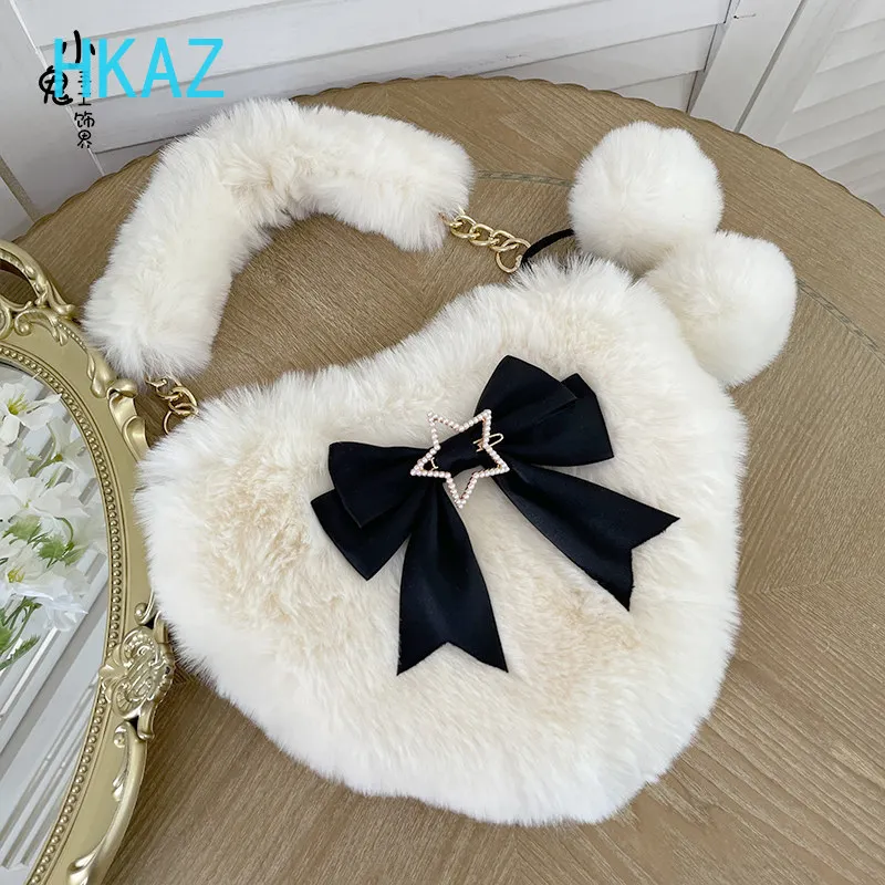 Japanese Soft Girl JK Uniform Bag Cute Lolita Portable Bow Handbag Solid Color Zipper Rex Rabbit Plush Love Cosmetic Bags