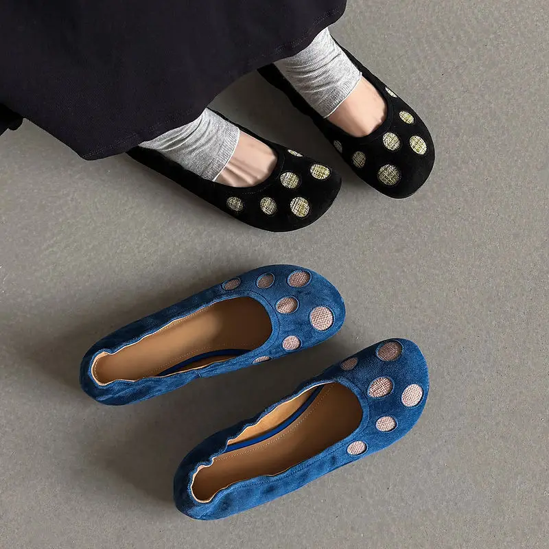 2026 new spring autumn women pumps natural leather 22-25cm sheep suede+sheepskin+pigskin mixed color dots women shoes fashion