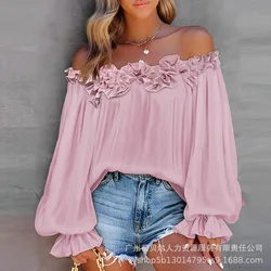 Women Tops Slash Neck Flare Sleeve Solid Pullovers Ruffles Casual T Shirts Elegant Lady Slight Strech Autumn 2024 Patchwork