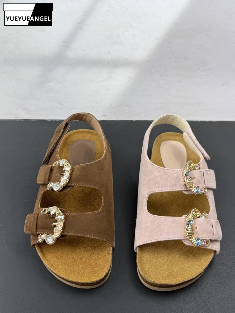 

Новые летние повседневные женские дышащие сандалии с открытым носком, однотонные, на платформе, с застежкой-липучкой, модные замшевые гладиаторские сандалии со стразами