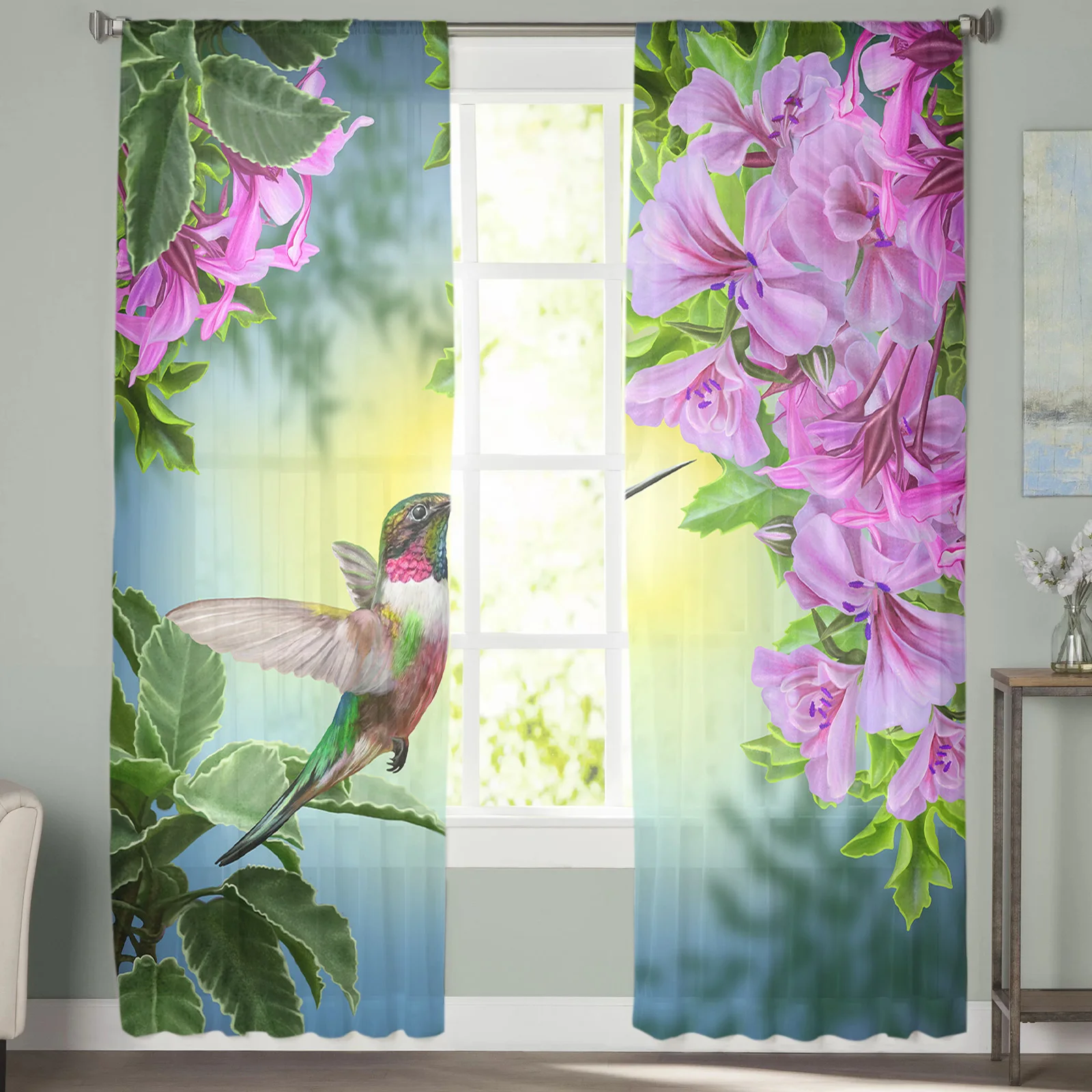 Glory Flower Attracts Hummingbird Plants Tulle Curtains for Living Room Bedroom Modern Kitchen Sheer Curtains for Voile Curtain