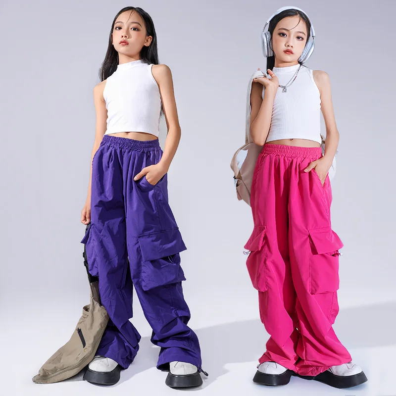 Pantaloni da ballo per ragazze pantaloni da jogging Hip Hop per bambini pantaloni dritti pantaloni a vita alta Vintage Casual per adolescenti Streetwear larghi 5-14 anni