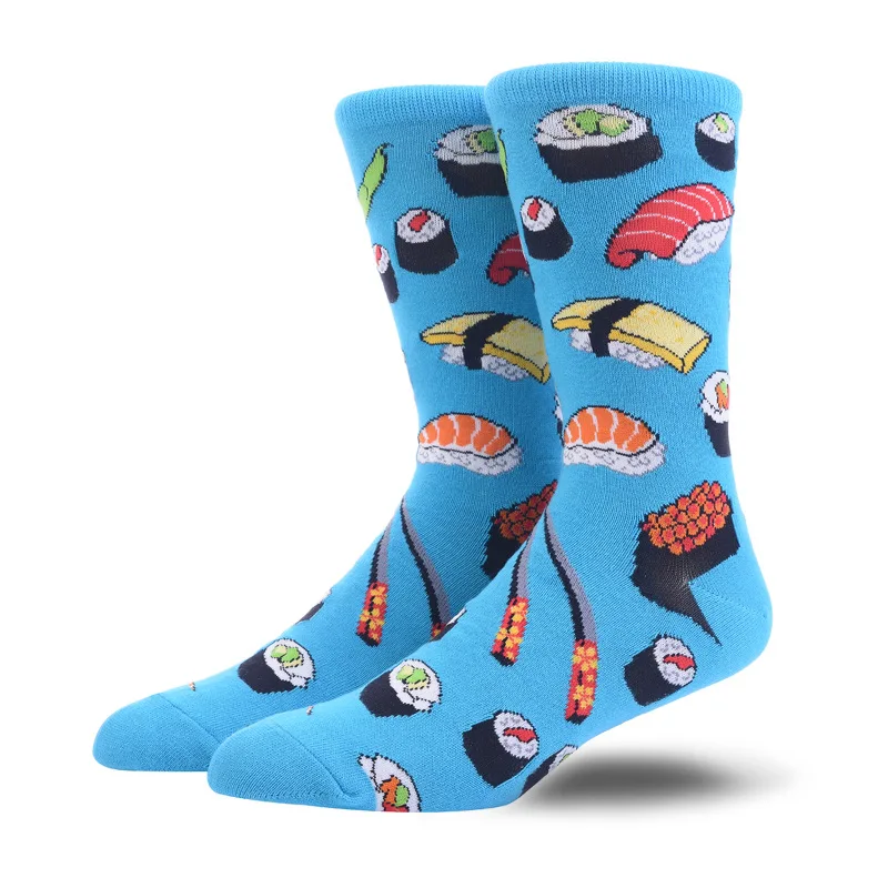 

1 Pair Crew Socks With Japanese Cuisine Sushi Food Print In Blue, Comfortable Breathable Moisture-Wicking, Interesting Novelty