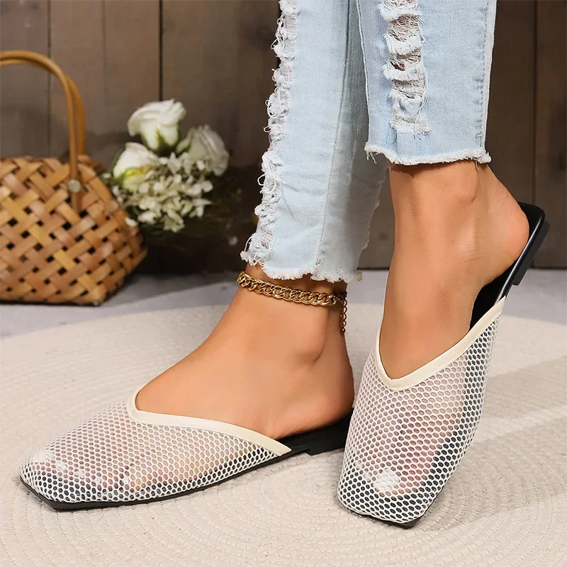 Mesh Slippers Shoes Women Flats Flip Flops Fad Breathable Walking Shoes New Designer Beach Sandals Shoes Femme Zapatos Slides