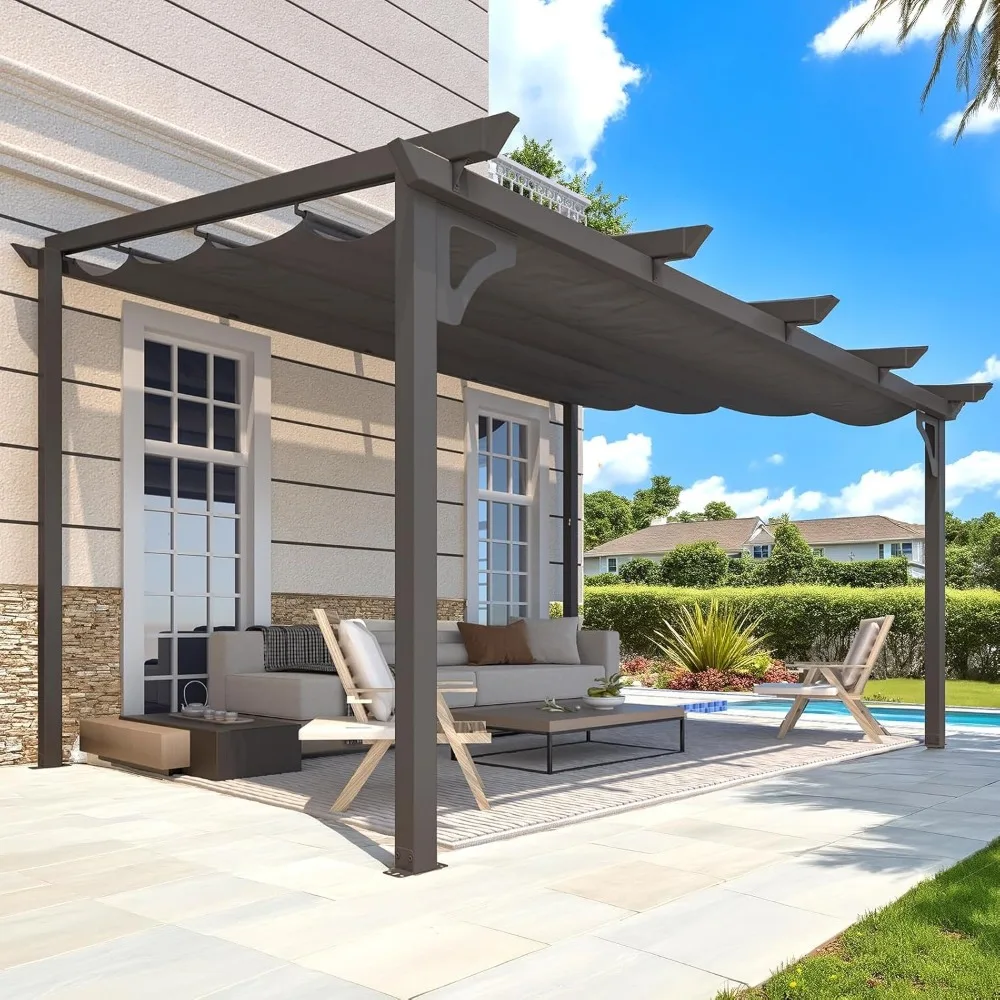 

14' x 10' Gazebo for Patio, Retractable Pergola with Adjustable Sun Shade Canopy Roof, Small Wall-Mounted Lean to Outdoor Pergo