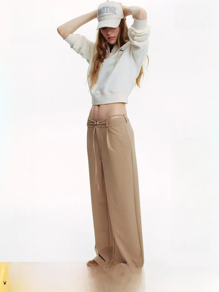

H&M Women's Fashionable Belted Formal Pants Summer Style Polyester Blend Comfortable Fit Straight Leg Trousers