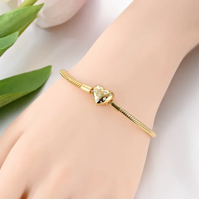 

925 Sterling Silver Adjustable 17-20CM Sparkling Golden Heart Bracelet Compatible With DIY Charms Beads Trend Fashion Jewelry For Women Daily Accessory Gift
