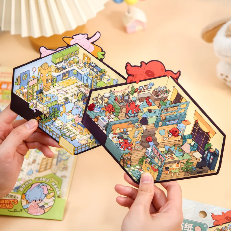 

Набор из 3 больших пейзажных стикеров Card Lover [Серия «Домашний кинотеатр»]: Октопус-дворецкий, Повседневная жизнь, Господин Кролик, Выходные, в мультяшном стиле