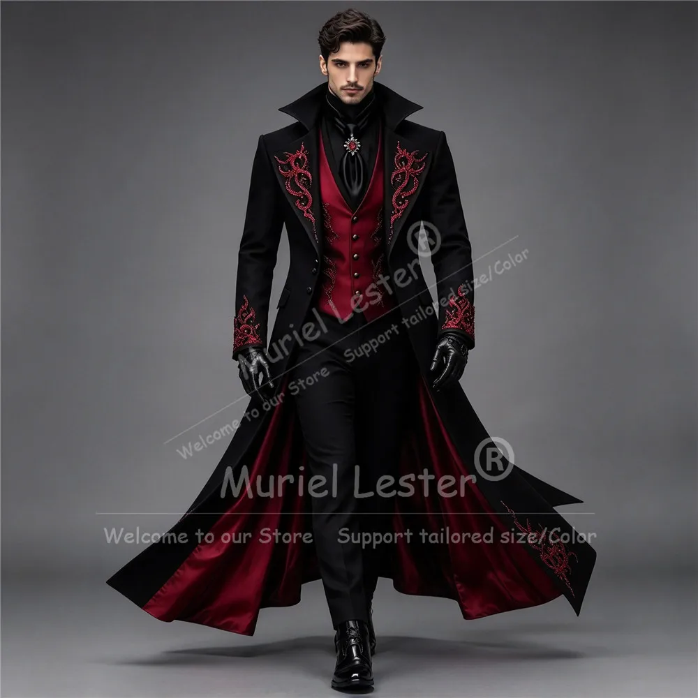 Luxury Groom Wedding Tuxedo Suit Long Sparkly Crystals Victorian Men Tailcoat High-End Customized Gothic Style Man Party Outfit