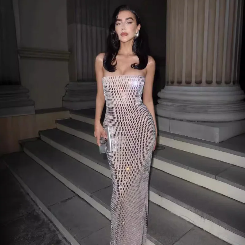 2025nova chegada verão novo brilhante strass sexy pura malha vestido sem alças elegante socialite vestido de festa