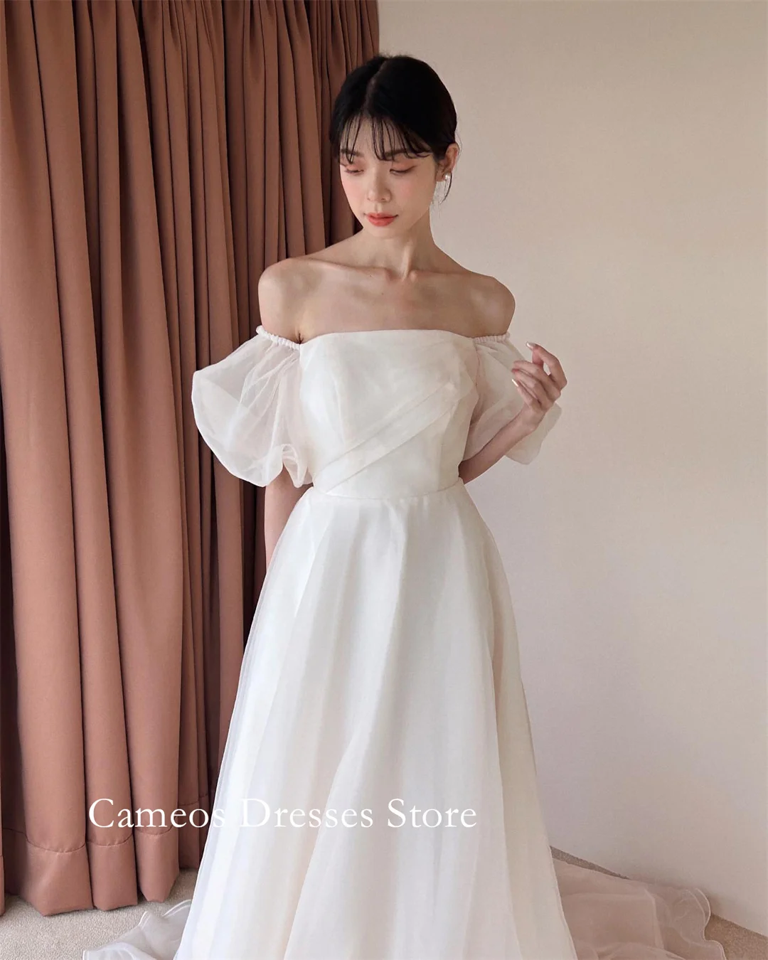 

SONDR Customized Off Shoulder Ivory Puff Sleeves Wedding Dresses Simple A-Line Organza Korea Brides Gowns Women Bridal Dresses