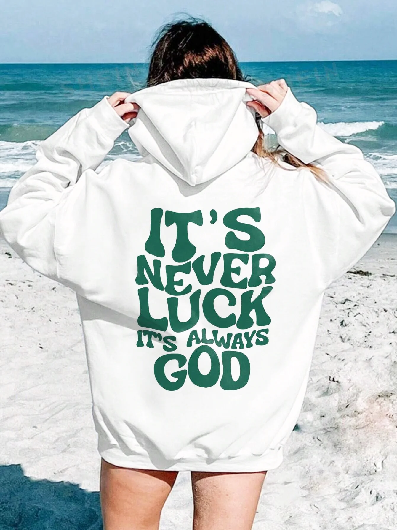 It\'s never lucky It\'s always god Back Printed hoodie Women\'s 2024 New Fashion Versatile White Hooded Hoodie Fleece Sweatshirt