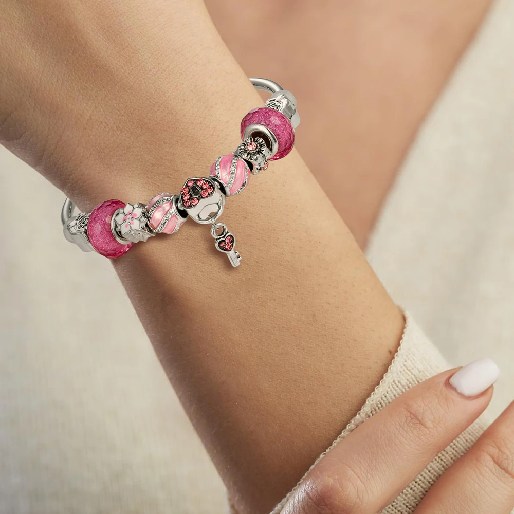 

Kirykle Trendy Romantic Silver Color Charm Bracelet with Happy Family Strand Brand Bracelet for Women DIY Jewelry Making