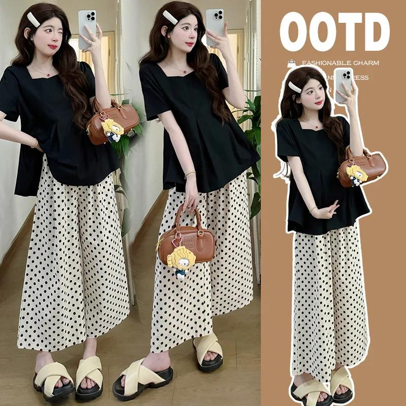 

Elegant Maternity Set Summer Pregnancy Outfit Square Neck Blouse And Polka Dot Support Pants Two Piece Slim Fit Comfort