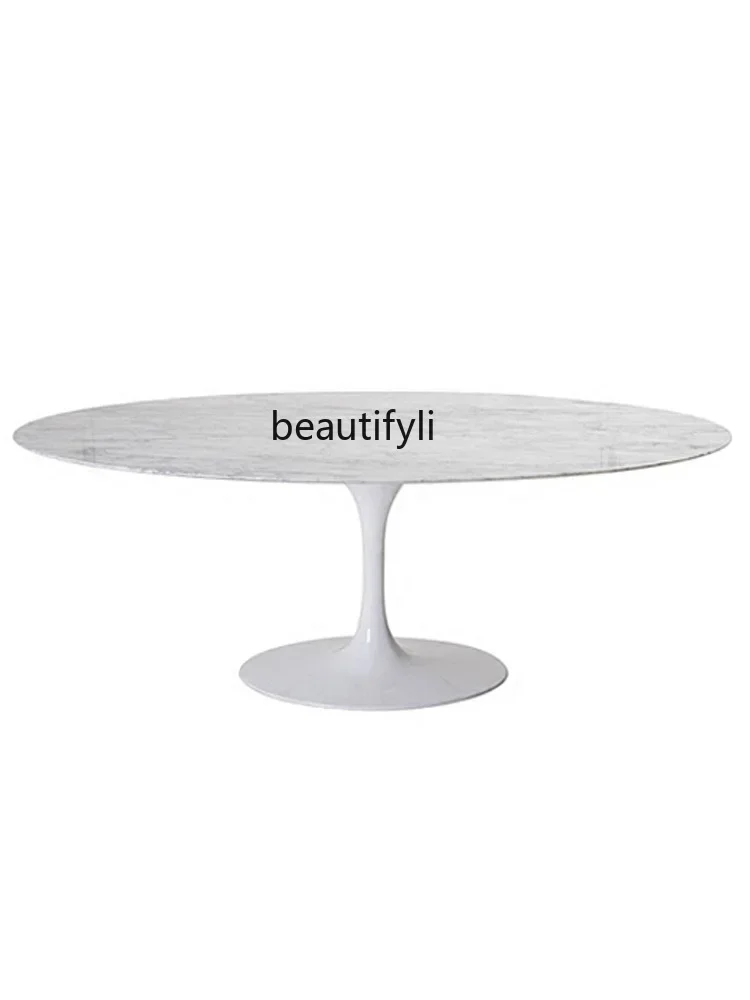 

Nordic Simple White Natural Marble Dining-Table Stone Plate Oval Home Tulip Table High-End