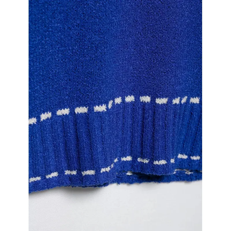 Ladies Commuter Style Knitted Ribbed Top Casual Blue Short Sleeve round Neck Pullover Fashion Female New