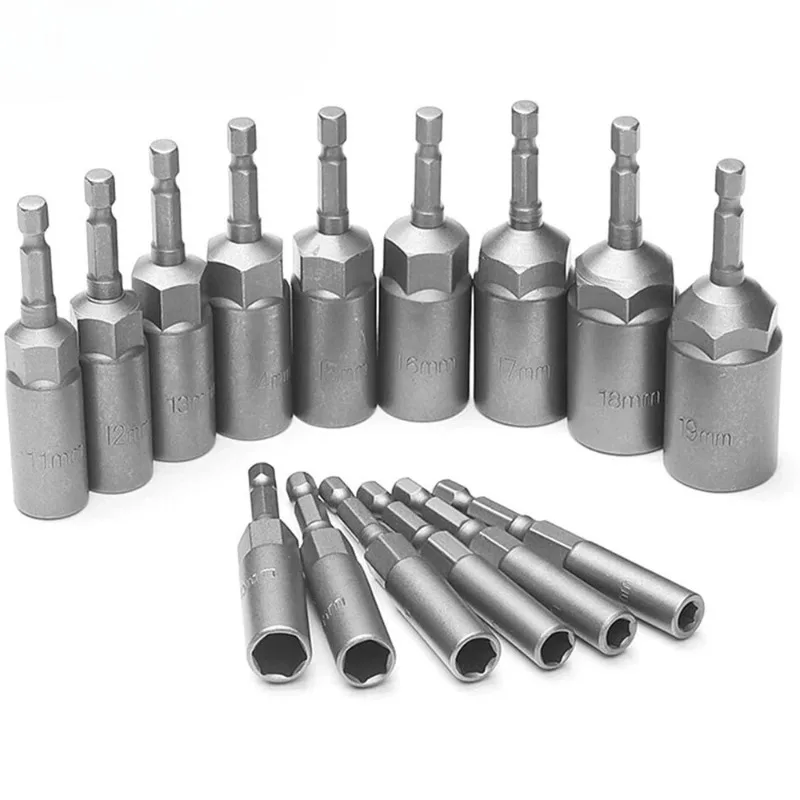 BIESUO 80mm Length Deepen Power Nut Driver Drill Bit Set 5.5-19MM Impact Socket Adapter for Power Tools 6.35MM Hex Shank