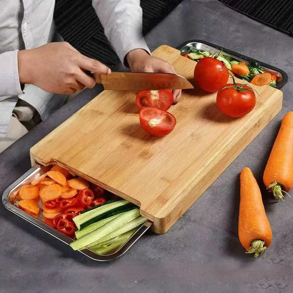 Bamboo Cutting Board With Stainless Steel Storage Hidden Slide Easy Cleaning Drawers With Kitchen Non-Slip Tray Out Tool 2 B7J7