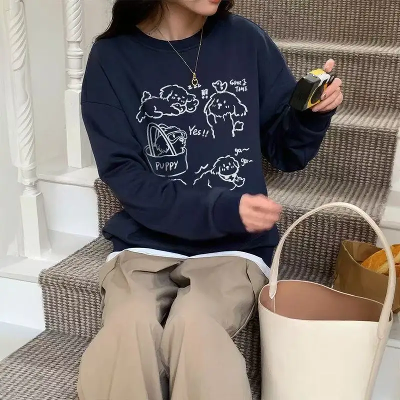 Estilo formal americano em torno do pescoço moletom feminino primavera outono 2025 dos desenhos animados bonito cães impressão pullovers escola meninas hoodies