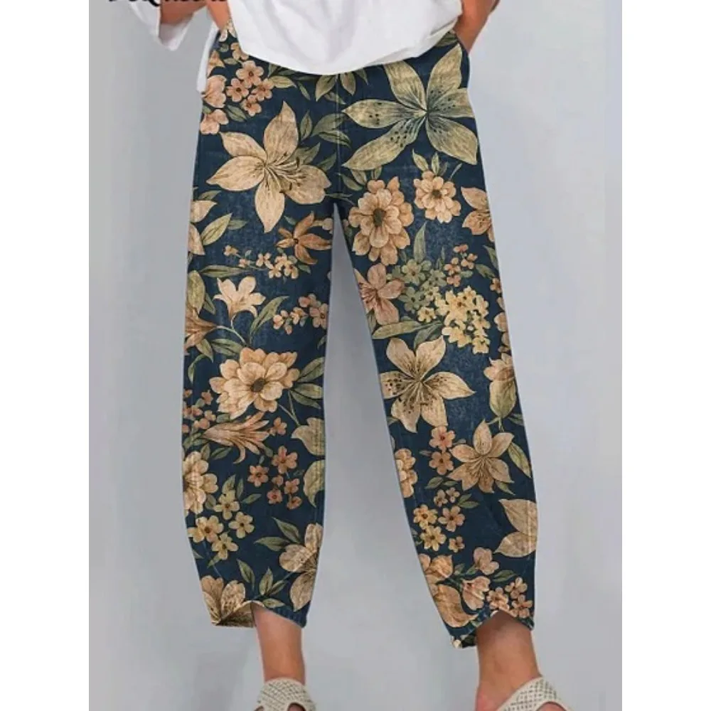 Damen Baumwoll-Caprihose mit Blumenmuster, Lässige Weite Haremshose in Knöchellänge mit Tulpenabschluss, Jogginghose für Tägliche Outdoor-Aktivitäten – Detail 2