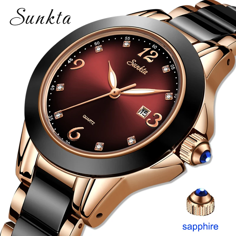 SUNKTA New Watch Women Fashion Bracelet Wristwatch Luminous Hands Date Ceramics Strap Quartz Wrist Watches Ladies Clock Gift+Box